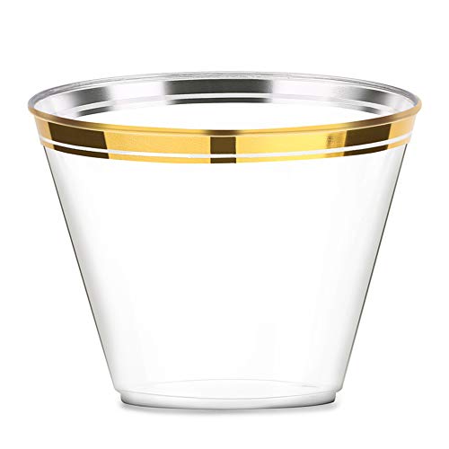 Book Cover 100Pack Gold Party Plastic Cups, Mokaloo 9oz Clear Disposable Plastic Cups With Gold Rim Perfect for Parties Weddings Graduation Birthday