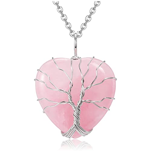 Top Plaza Natural Rose Quartz Healing Crystal Necklace Silver Tree Of Life Wire Wrapped Heart Shape Stone Pendant for Womens Girls Ladies Mothers Day Gifts