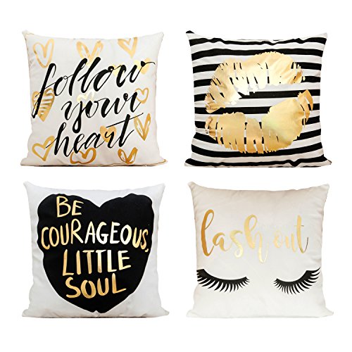 Book Cover Decor MI Pillowcases Bronzing Flannel Throw Pillow Covers Gold Letter Lips Eyelash Pattern Square Pillow Cases Zipper Cushion Pillow Covers for Sofa Living Room Bedroom Home Decor,18x18 inch Set of 4