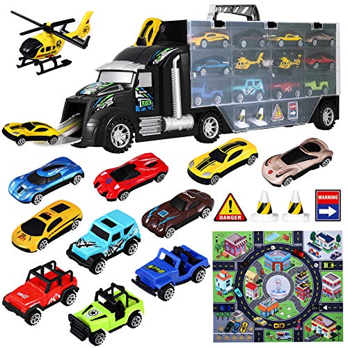 Book Cover Toy Cars Carrier Truck: 18 Pieces Toddler Toys Car for Boys Transport Vehicles & Race Car Toys with Carrying Case Helicopters Race Car Play Mat Kids Toys Car Trucks Toy Set for Kids Boys Girls