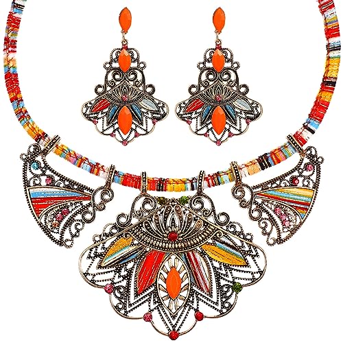 LUOEM Fashion Handmade Ethnic Set Bib Necklace Earrings Multicolor Boho Vintage Statement Jewelry for Women Jewelry (Colorful)