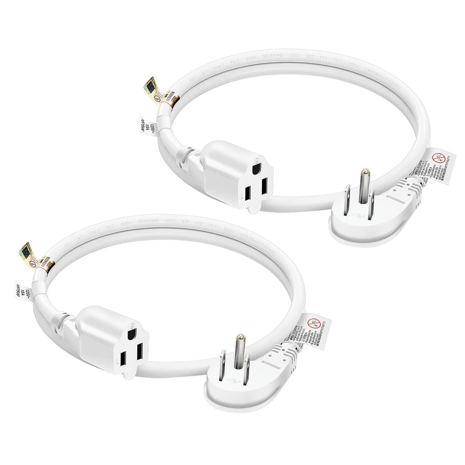 FIRMERST 1875W 15A Extension Cord 2 Feet 14/3 Flat Plug White, Pack of 2 2 Packs White