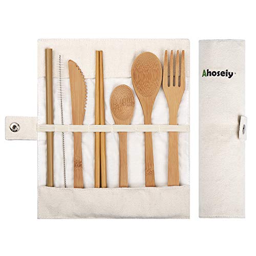 Bamboo Utensils | Bamboo Travel Utensils | Eco Friendly Flatware Set | Knife, Fork, Spoon, Reusable Straws and Chopsticks | Camping Utensils Set | Portable Utensils Set