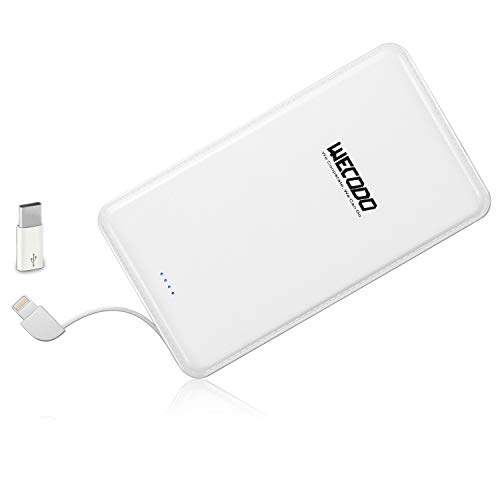 WECODO Slim Portable Charger 5000mAh Power Bank Battery Charger with Built-in Cable Compatible with iPhone, iPad, Samsung and More