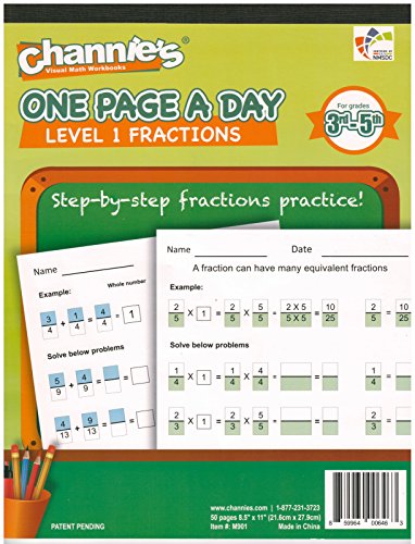 Channie’s One Page A Day Workbook, Beginner Single Digit Fraction Math Practice Worksheets, 50 Pages Front & Back, 25 Sheets, Grades 3rd, 4th, and 5th, Size 8.5” x 11” Summer School, Summer Bridge