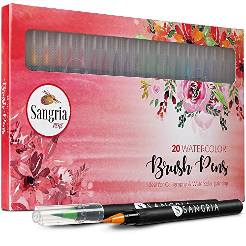 Sangria Pens - Real Brush Pens, 20 Vibrant Watercolor Paint Markers with Soft Tips, Great Art Supplies for Painting, Lettering, Adult Coloring, Calligraphy and Blending