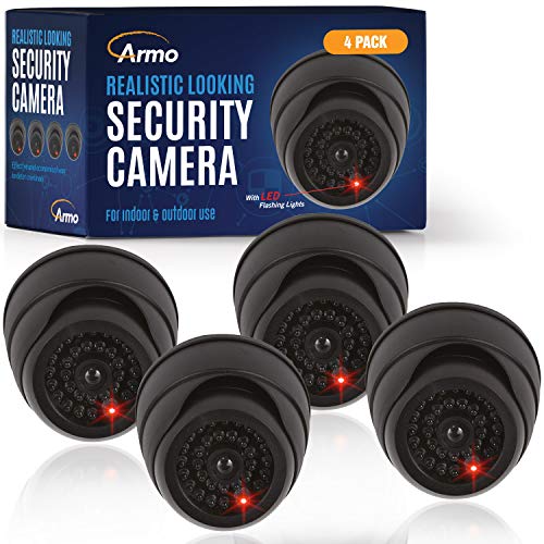 (4 Pack) Fake Security Surveillance Camera Fake CCTV Dome Camera with Realistic Look Red LED Light Indoor and Outdoor Use, Decoy Camera for Home & Business - by Armo