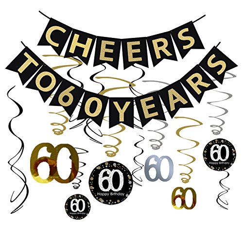 Tuoyi 60th Birthday Party Decorations KIT - Cheers to 60 Years Banner, Sparkling Celebration 60 Hanging Swirls, Perfect 60 Years Old Party Supplies 60th Anniversary Decorations