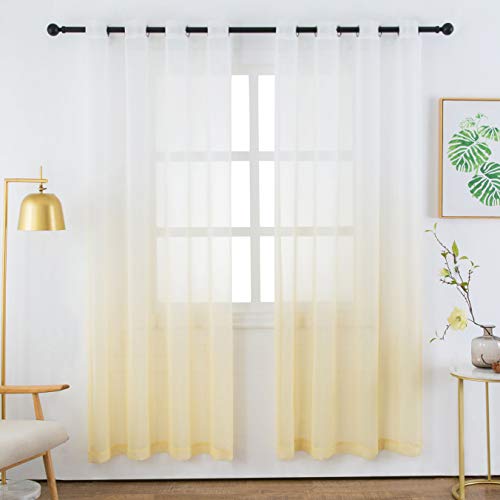 Bermino Faux Linen Sheer Curtains Voile Grommet Semi Sheer Curtains for Bedroom Living Room Set of 2 Curtain Panels 54 x 84 inch Light Yellow Gradient