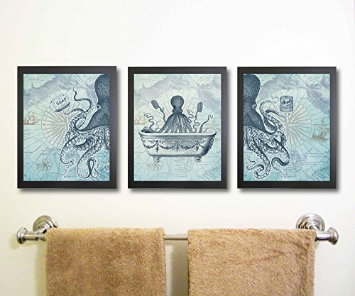 Awesome Vintage Blue Kraken Octopus Squid Nautical Modern Restroom Bathroom Wall Art Print Decor Bath Paintings