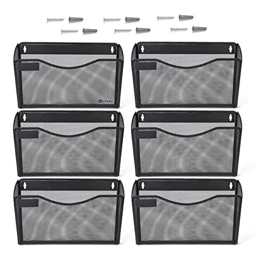 Kinwell 6 Pack Office Hanging Mesh Letter-Size Wall File Holder Organizer Single Vertical Collection Pocket Set Multi-Purpose Organizer Display Magazines Mail Sorter & Magazine Rack (Black)