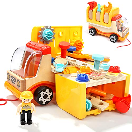 TOP BRIGHT Kids Tool Set, Toddler Wooden Toy Tools for Kids Ages 3 4 5, Pretend Play Construction Truck Toys for 2 3 4 Year Old Boys Girls Gifts