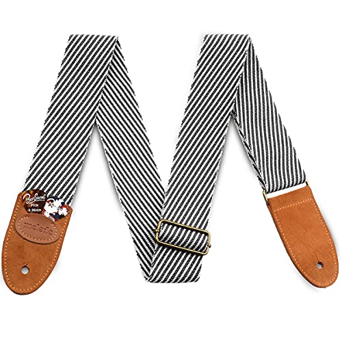 Guitar Strap Vintage Tweed 100% Cotton & Suede Leather Ends Strap with Pick Pocket For Bass, Electric & Acoustic Guitars (Black/Gray)