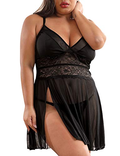 XAKALAKA Women's Plus Size Lingerie Babydoll Front Slit Lace Mesh Chemise Sleepwear