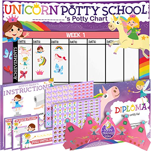 Book Cover Potty Training Chart for Toddlers - Unicorn Theme - Sticker Chart - Celebratory Diploma, Crown and Book - 4 Week Potty Chart for Girls and Boys - Potty Training Sticker Chart