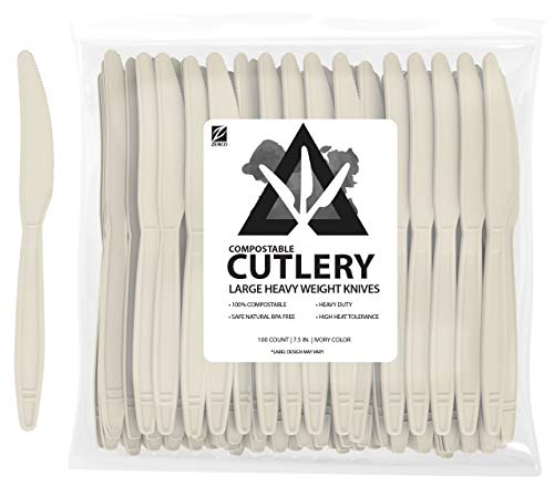 ZenCo Biodegradable Compostable Disposable Cutlery - 100 Knives Large 7.5" Ivory - Heavy Duty Heat Resistant Eco Friendly Utensils for Office, Catering, Picnics or Birthdays (100 Count, Knives)