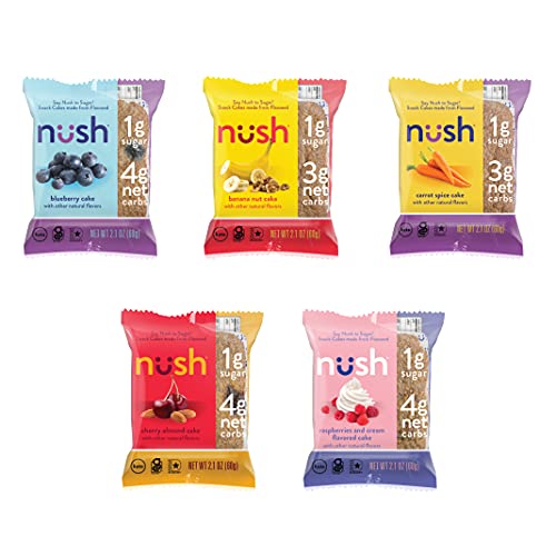 Book Cover Low Carb Snack Cakes by Nush - Mixed Flavor Case (10 Cakes) - Nush Keto Cakes are Made from Flax, Grain Free, Paleo Diet Friendly, Diabetic Friendly Snacks, Low Sugar