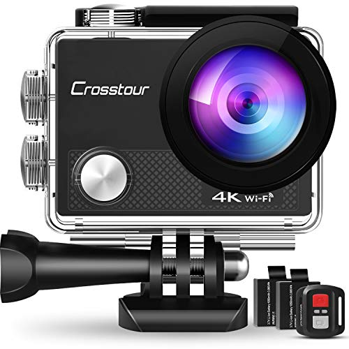 Crosstour 4K Action Camera 16MP WiFi Underwater Cam 30M Waterproof Case Sports Camera with Remote Control 2 Batteries and 19 Mounting Accessories