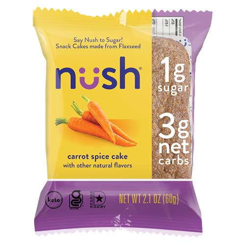 Book Cover Low Carb Snack Cakes by Nush - Carrot Spice Flavor (10 Cakes) - Nush Keto Cakes are Made from Flax, Grain Free, Paleo Diet Friendly, Diabetic Friendly Snacks, Low Sugar