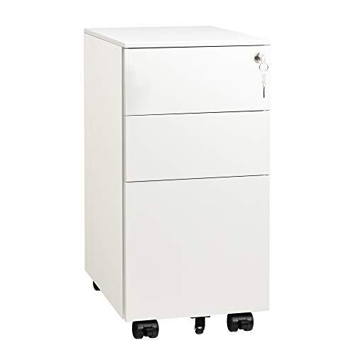 DEVAISE Slim File Cabinet with Lock, 3 Drawer Mobile Filing Cabinet for Legal/Letter/A4 Size, Fully Assembled Except Wheels, White