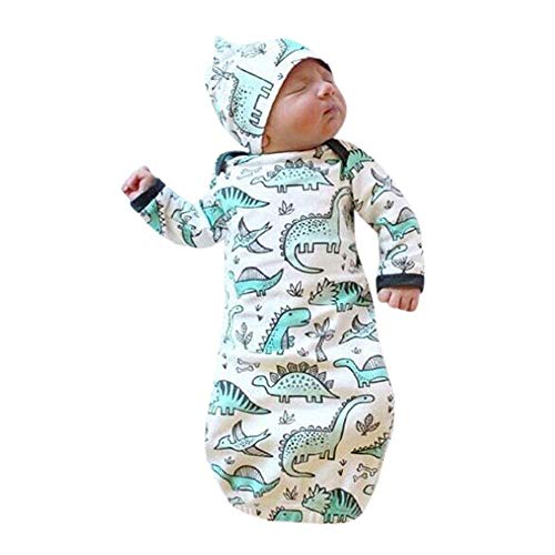 C&M Newborn Infant Baby Girls Boy Cartoon Dinosaur Pajamas Gown Swaddle Hats 2Pcs Outfits