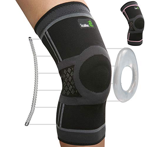 TechWare Pro Knee Compression Sleeve - Knee Brace for Men & Women with Side Stabilizers & Patella Gel Pads for Knee Support. Meniscus Tear, Arthritis, Joint Pain Relief. Blk/Gry Large
