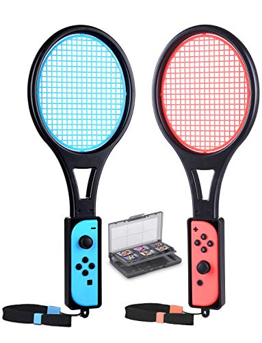 Tennis Racket for Nintendo Switch Joy-Con, Tendak Game Accessories for Mario Tennis Aces Game with 12 in 1 Game Card Case (2 Pack, Black)