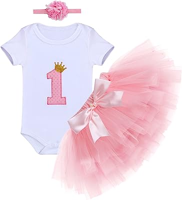 Baby Girls First Birthday Clothes One-Piece Bodysuit 1st Crown Romper+Ruffle Tulle Skirt+Bowknot Headband 3PCS Set Toddler Infant Smash Cake Outfits for Casual Photo Shoot Pink Age 1 Year Old