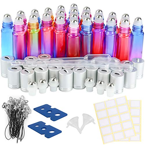 ESARORA Essential Oil Roller Bottles, 24 Pack 10ml Gradient Color Roller Bottles with Stainless Steel Roller Balls and Silver hanging Lids (3 Dropper,2 Funnel,6 Extra Roller Balls,30 labels,2 Opener)