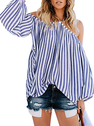 D Jill Women's Striped Off Shoulder Halter Blouse Long Sleeve Shirt Top Blouse Loose