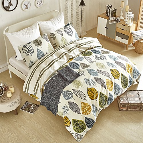 Book Cover AiMay Duvet Cover Set 100% Natural Cotton 3 Piece Bedding Sets with Zipper Closure Ultra Soft Comfy Breathable Fade Resistant Hypoallergenic Colorful Leaves Pattern Design King Size(104