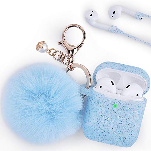 Filoto Case for Airpods, Airpod Case Cover for Apple Airpods 2&1 Charging Case, Cute Air Pods Silicone Protective Accessories Cases/Keychain/Pompom/Strap, Best Gift for Girls&Women, Glitter Light Blue