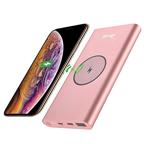 Wireless Portable Charger, BONAI 12000mAh Power Bank Battery Pack, USB and Type C Input/Output Aluminum Slim Wireless Charger Compatible iPhone Xs Max 8 7 6+ Plus,Samsung Galaxy S9 Note 8 Rose Gold