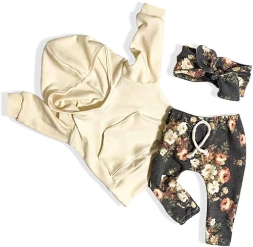 Baby Girl Clothes Long Sleeve Hoodie Sweatshirt Floral Pants with Headband Outfit Sets - Yellow - 0-6 Months