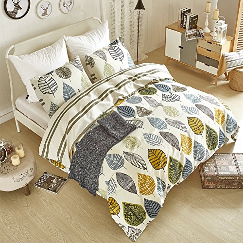 Aimay Duvet Cover Set 100% Pure Cotton 3 Piece Bedding Sets with Zipper Closure Ultra Soft Comfy Breathable Colorful Leaves Pattern Design Queen Size(90"x90")