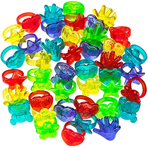 Plastic Glitter Rings - 144 Piece Bulk Party Favors - Assorted Colors and Designs, Small Toys for Prizes, Birthdays, Carnival Prizes, Treasure Chest Toys, Goodie Bag Favors for Kids