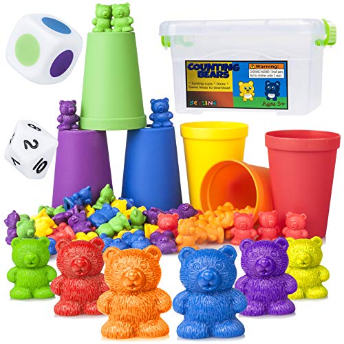Counting Bears Early Learning Toy - 60 Rainbow Counters, 6 Matching / Sorting / Stacking Cups, Number / Color Dice, Storage, Games - Educational Montessori Math for Toddlers, Kindergarten, Preschool