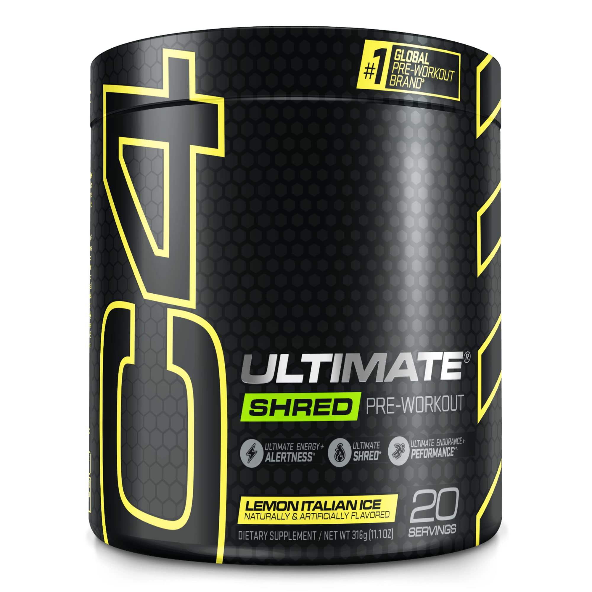 Cellucor C4 Ultimate Shred Pre Workout Powder, Fat Burner for Men & Women, Metabolism Supplement with Ginger Root Extract, Lemon Italian Ice, 20 Servings Lemon Italian Ice 20.0 Servings (Pack of 1)