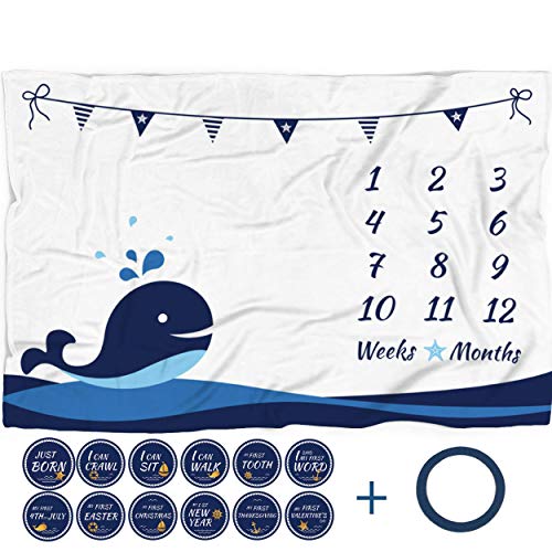 Baby Monthly Milestone Blanket with 12 Stickers, Large 60"x40" Infant Month Blankets Boy | Newborn Photography Background Blanket Prop | Nautical Whale Blanket, Best Baby Shower Gift for New Mom