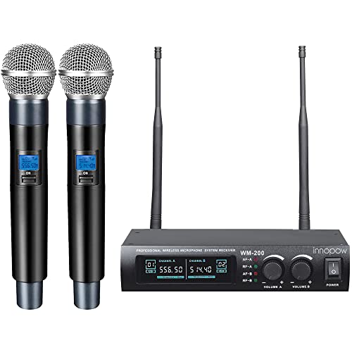 innopow Wireless Microphone System, Dual UHF Metal Cordless Mic Set, Long Distance 150-200Ft,16 Hours Continuous, Fixed Frequency, Use for Karaoke Singing, Family Party,Church(WM200)