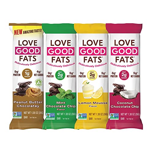 Book Cover Love Good Fats Keto Protein Snack Bars - Chocolate Lovers Variety Pack - 13g Good Fats, 8-10g Protein, 5g Net Carbs, 1-2g Sugar, Gluten-Free, Non GMO - Peanut Butter, Mint, Lemon Mousse, Coconut - 4 Flavors, 12 Pack