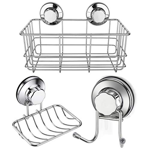 iPEGTOP Strong Suction Cup Combo Shower Caddy Bath Shelves Storage & Soap Dish Holder & Double Towel Hooks Stainless Steel for Shampoo, Conditioner, Soap, Razor Bathroom Kitchen Accessories, Set of 3