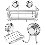 iPEGTOP Strong Suction Cup Shower Caddy Bath Organizer Storage Basket Soap Dish Holder Hooks Stainless Steel Shampoo, Conditioner Bathroom Accessories, 3 Sets