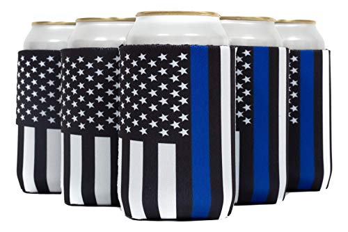 QualityPerfection 6 Police Can Cooler Sleeve, 12 oz Regular Neoprene Collapsible Coolie, Insulation Stitches Events,Custom DIY Projects Variety of Colors,6 Pack - Pattern (USA Black Flag,Blue Line)