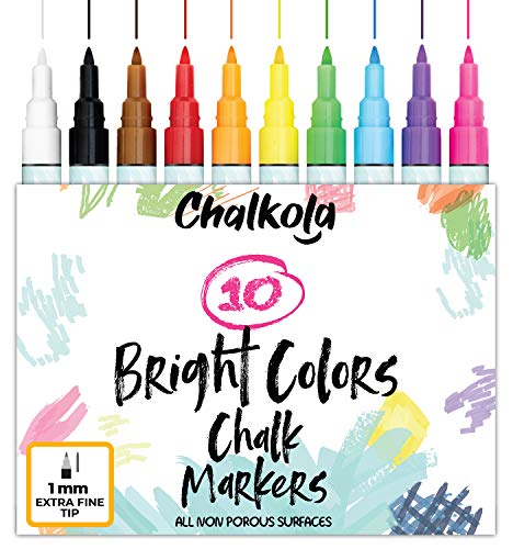 1mm Extra Fine Tip Chalk Markers - Pack of 10 neon Color pens | Non-Toxic, Wet Wipe | For Chalkboard, Window, Blackboards, Glass