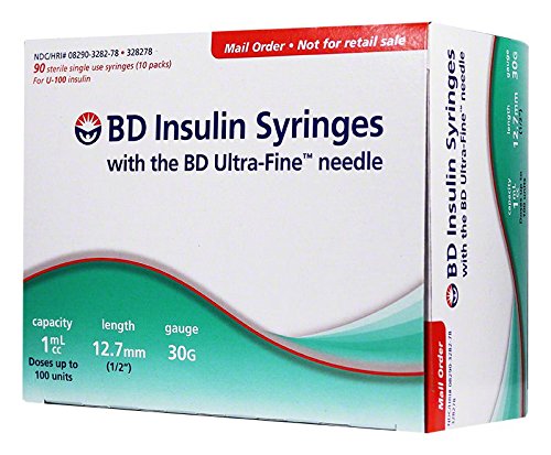 BD Ultra-Fine Insulin Syringes, 30 Gauge 1 cc 1/2" Box of 90