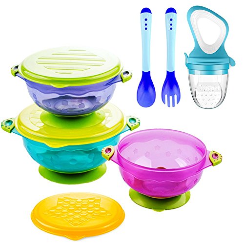 Book Cover Suction Baby Bowls for Toddlers, Baby Feeding Bowls Set with Fresh Food Feeder and 2 Hot Safe Baby Spoon and Fork - Perfect Baby Shower Gift Set of 3 Stay Put Suction Bowls with Lids -BPA Free