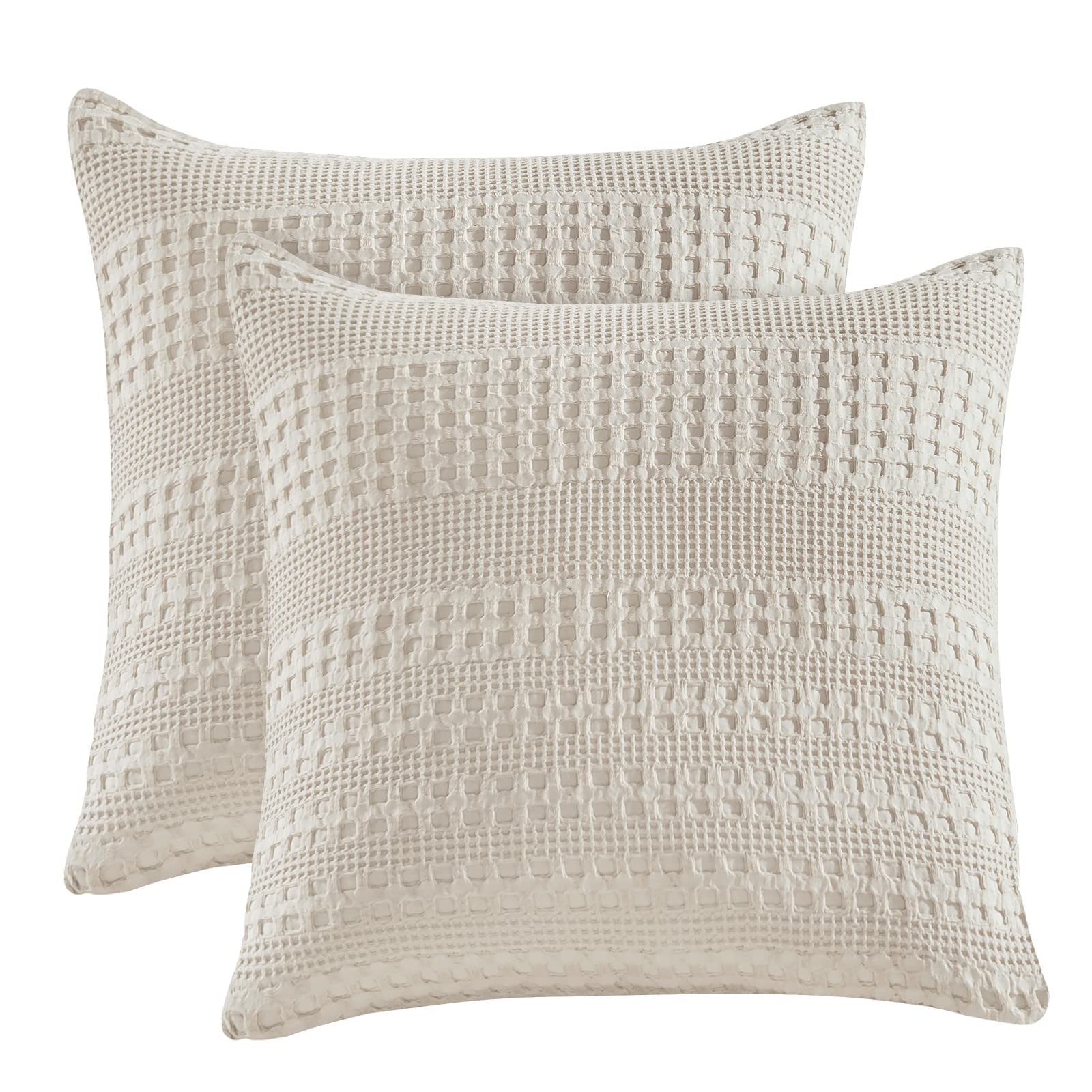 PHF 100% Cotton Waffle Weave Euro Sham Covers, 2 Pack 26" x 26" Pillow Covers for Elegant Home Decorative, No Insert, Decorative Euro Throw Pillow Covers for Bed Couch Sofa, Light Khaki/Linen 26"X26" Light Khaki