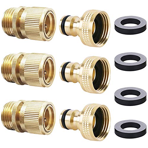 HQMPC Garden Hose Quick Connector ¾ inch GHT Brass Easy Connect Fitting (3SETS)
