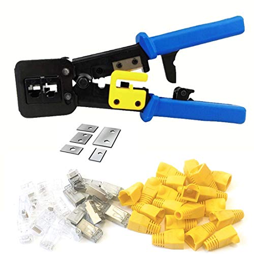 Helovmine RJ45 Crimp Tool 6P 8P Multi-function Cable Pass Through Crimper Ethernet Cable Connector Crimping Tool Ratcheting Hand Tools Bonus CAT6 Connector 20 Pack-Blue